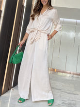 Conjunto de dos piezas de camisa de manga larga con solapa y pantalón elástico de cintura alta y pierna ancha